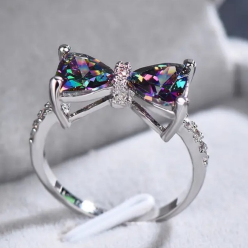 Beautiful Cubic Zirconia, Rainbow, Mystic Bow Butterfly Gemstone Cz Ring